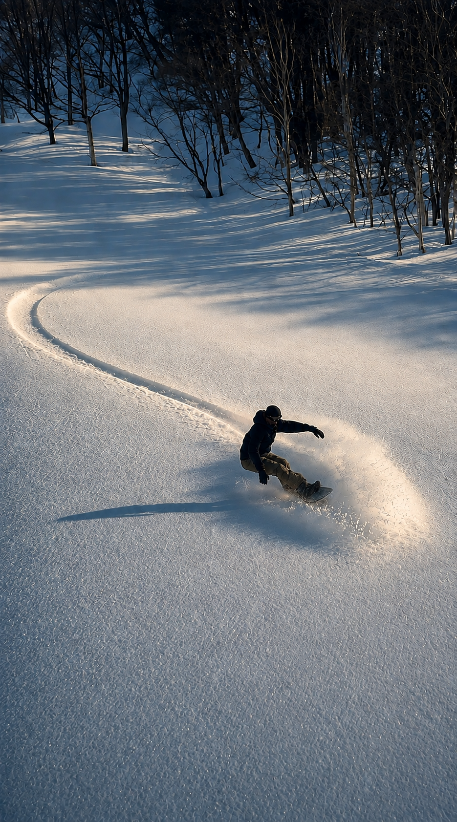 Snowboarder carving through deep powder in Myoko